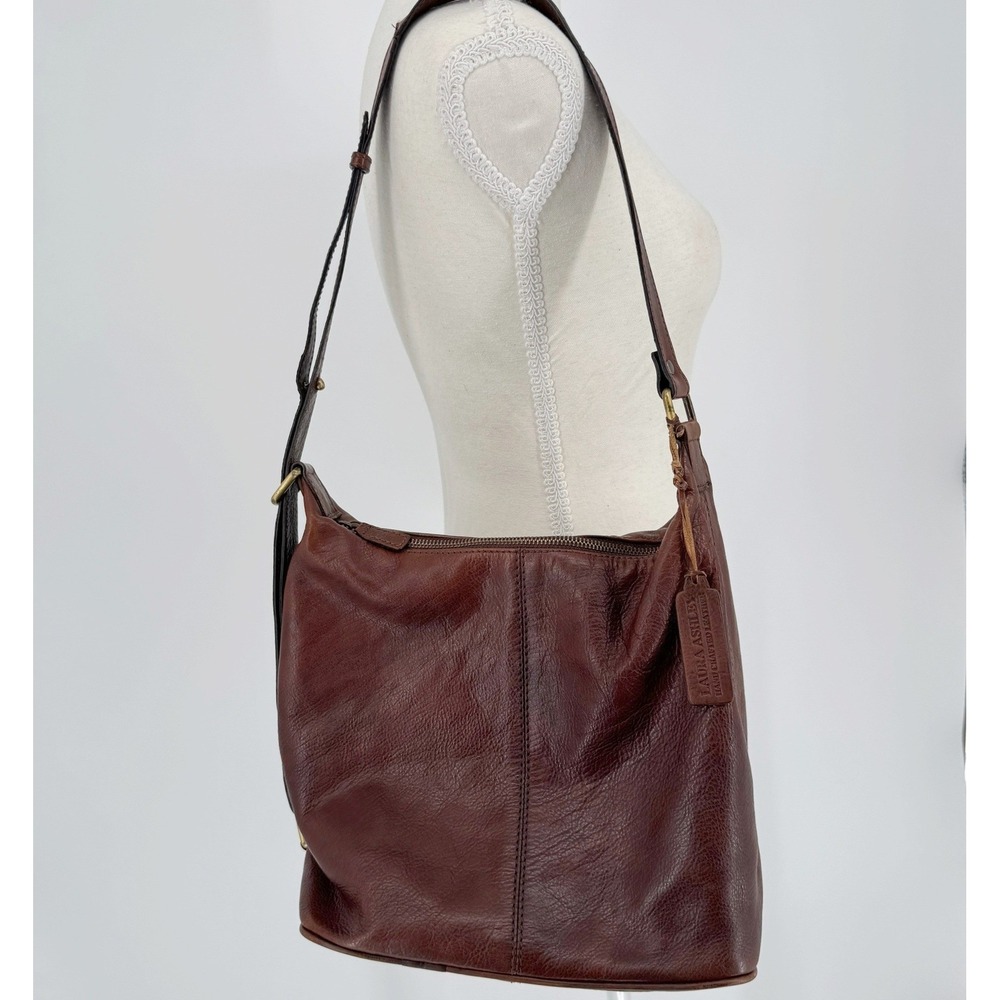 Vintage Laura Ashley Shoulder Bag Womens Leather Brown Hobo Cottagecore Boho